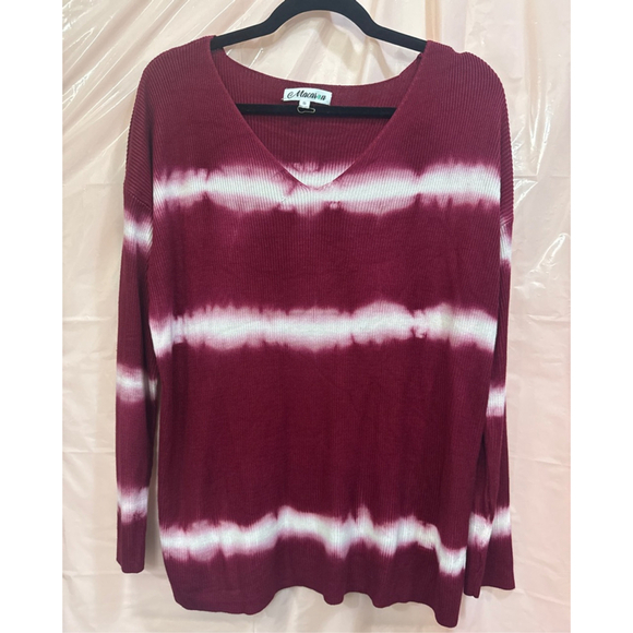 Macaron Sweaters - Women's Macaron Burgundy & White Tie-Dye V-Neck Sweater Size S